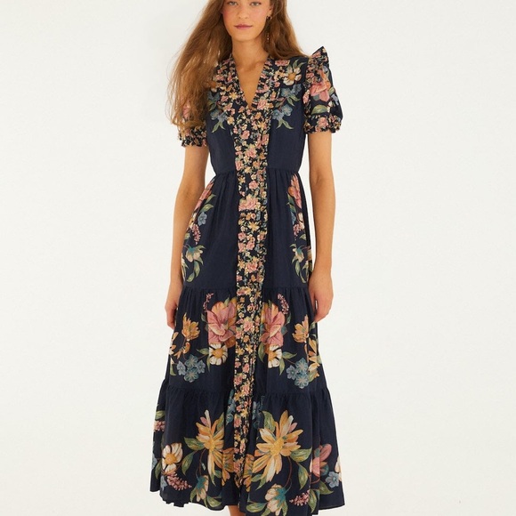 FARM Rio Dresses & Skirts - FARM Rio Navy Floral Tiered Maxi Dress with Puff Sleeves